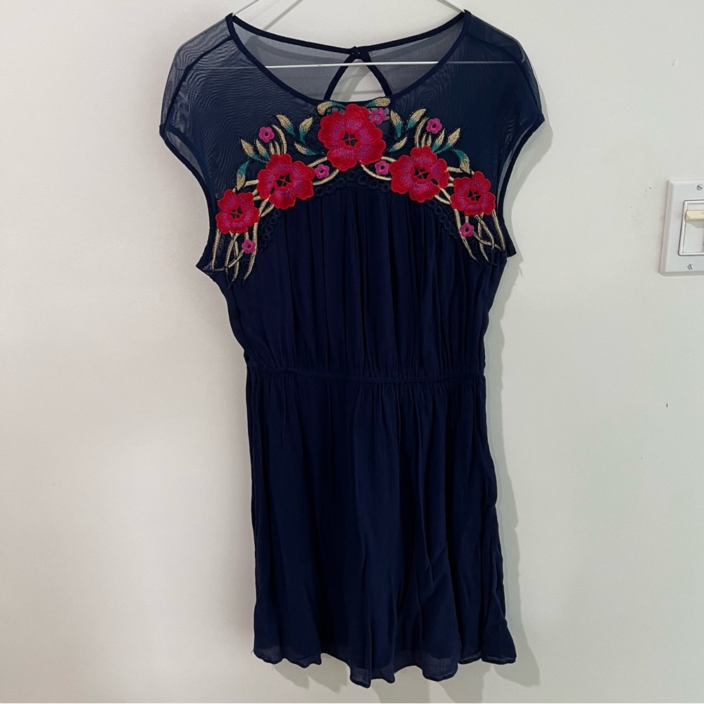Blue Dress with Floral Embroidery
